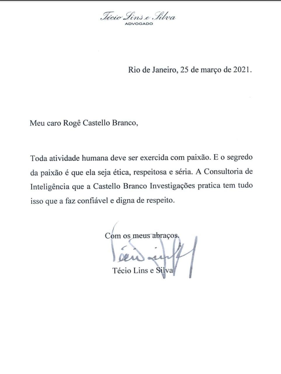 Carta de recomendação — Técio Lins e Silva